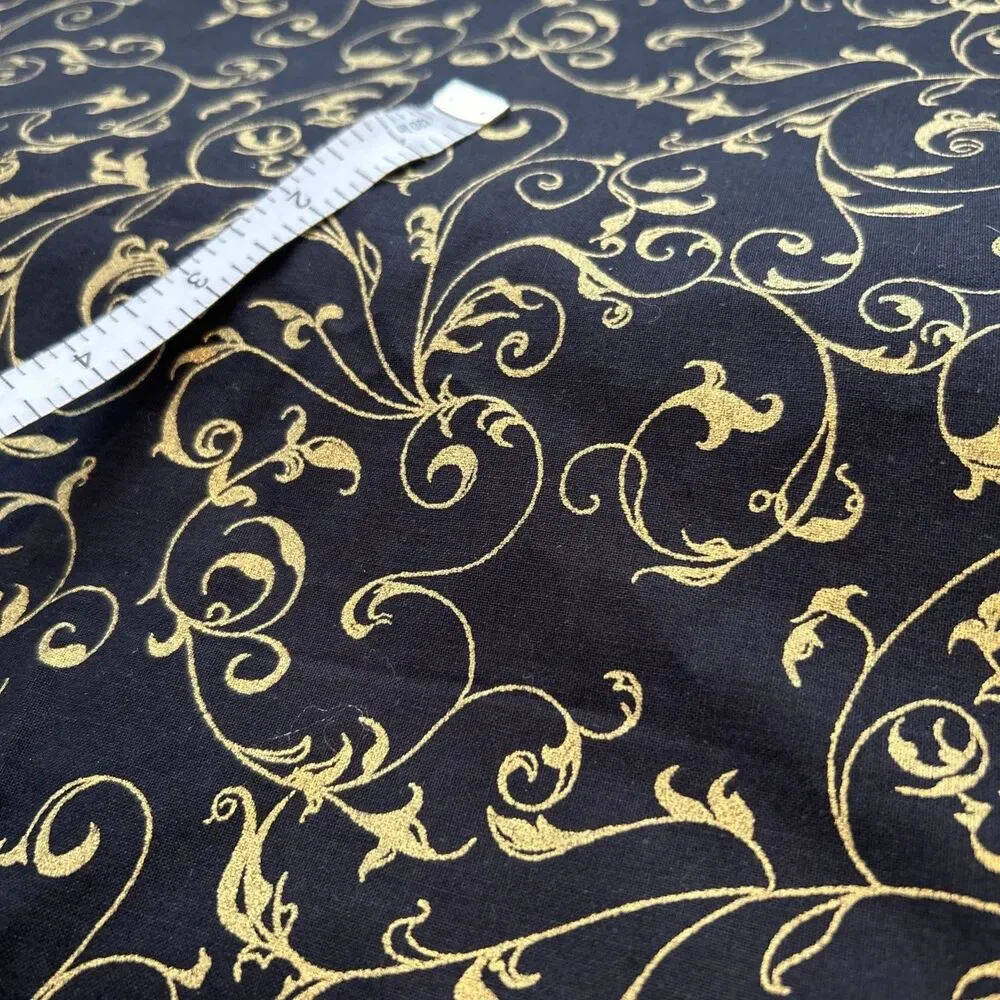 Elegant Scroll Black & Metallic Gold Cotton Quilting Crafting Fabric 45